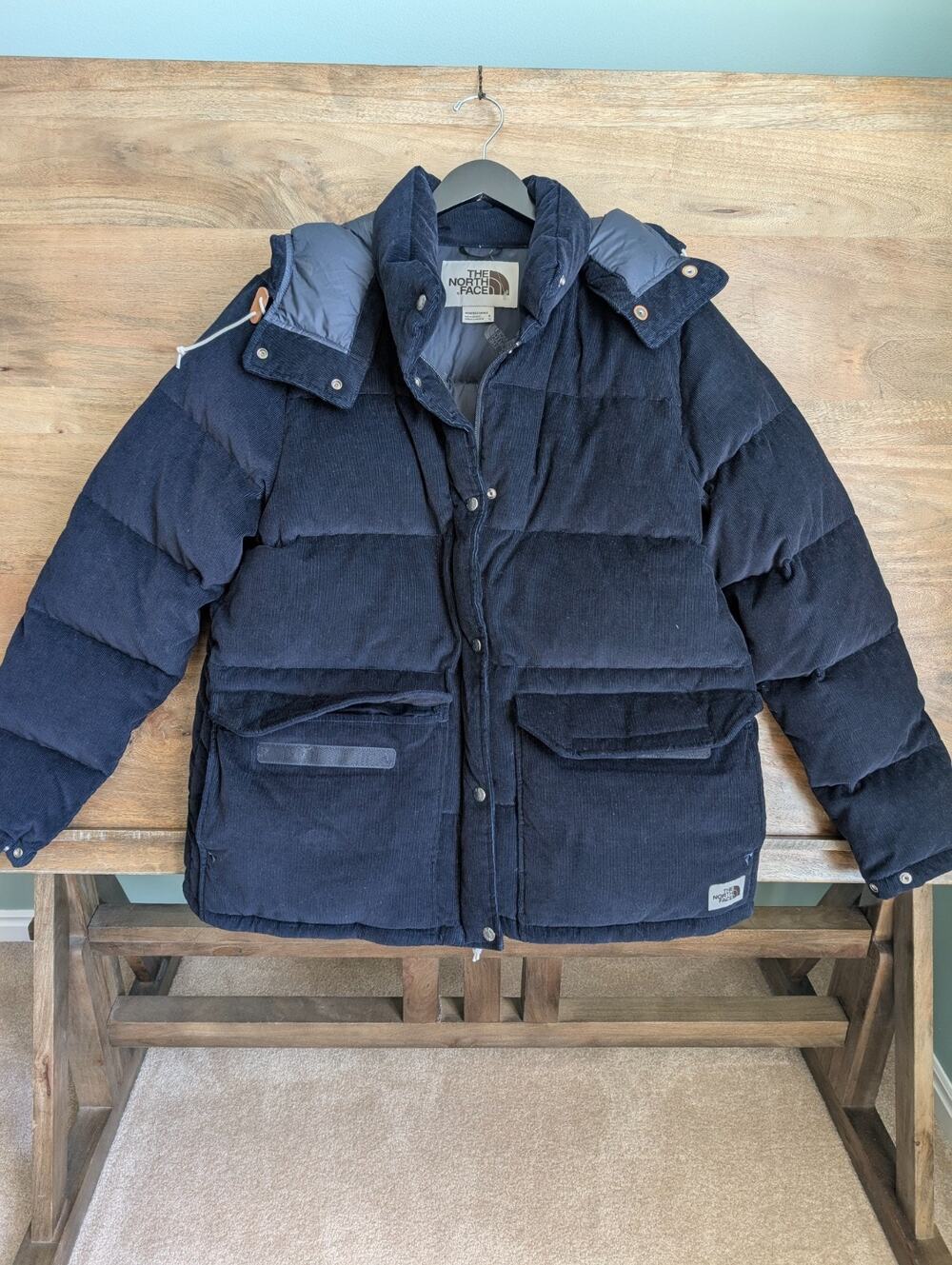 The North Face Sierra Down Jacket Womens XL Navy Corduroy Hooded Snap Full Zip